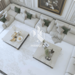 "غرفة معيشة حديثة 2025 بديكور داخلي مودرن وألوان طبيعية هادئة"