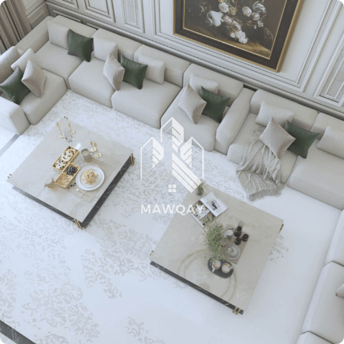 "غرفة معيشة حديثة 2025 بديكور داخلي مودرن وألوان طبيعية هادئة"