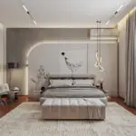 "Modern bedroom interior design with neutral colors and elegant lighting by Mawqay Egypt"