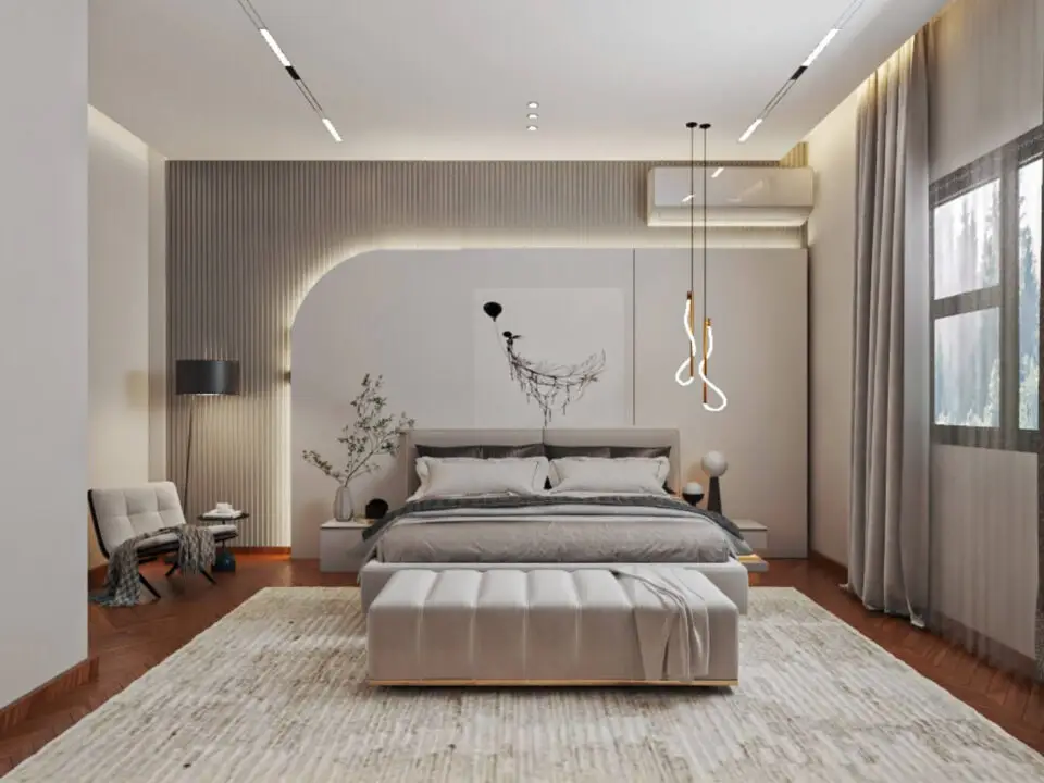 "Modern bedroom interior design with neutral colors and elegant lighting by Mawqay Egypt"