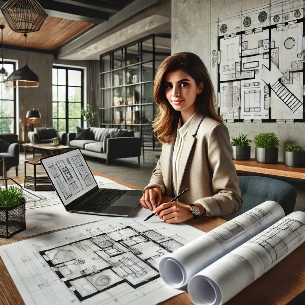 "A professional architect working on interior and exterior design projects. She is seated at a modern workspace with architectural blueprints, a laptop"