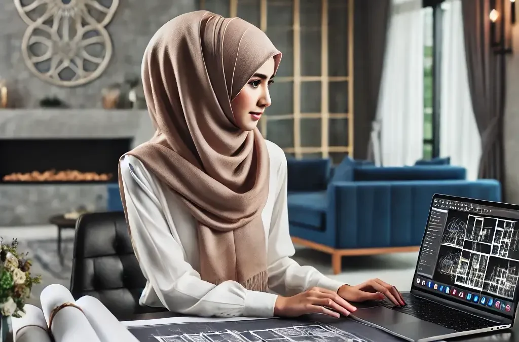 "A professional architect working on interior and exterior design projects. She is seated at a modern workspace with architectural blueprints, a laptop"