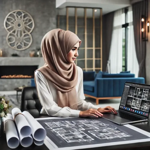 "A professional architect working on interior and exterior design projects. She is seated at a modern workspace with architectural blueprints, a laptop"