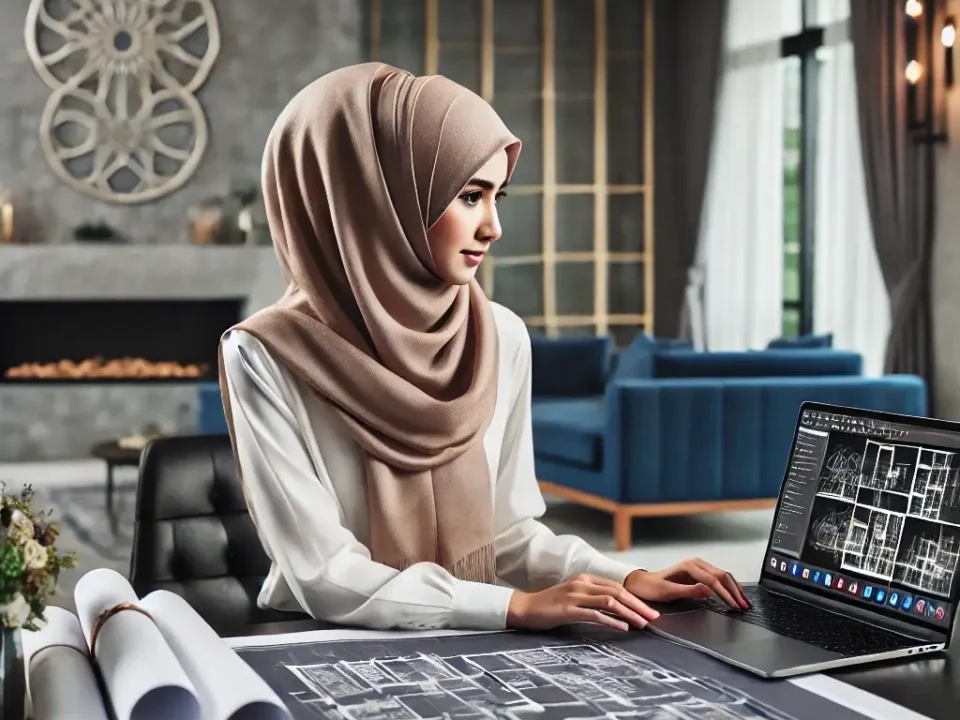 "A professional architect working on interior and exterior design projects. She is seated at a modern workspace with architectural blueprints, a laptop"